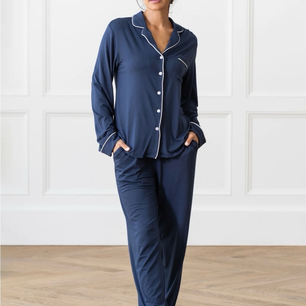 Blue Pajama Set with Notched Collar and White Piping